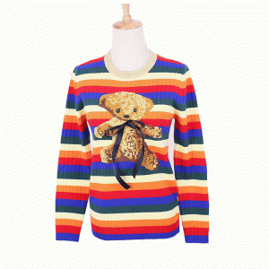 Brugerdefineret ODM Bamse Intarsia Rainbow Strips Dame Tøj Pullover Sweater
