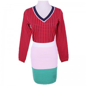 2018 Office Ladies Ladies Girls Assorted Color Grid Jacquard Twinset Sweater Dress