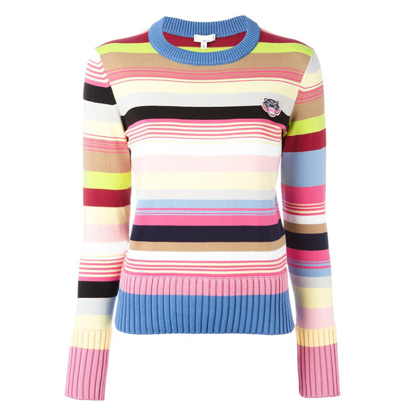 Tilpasset uldblanding til damer Multi Color Stripes Crew Neck Strikket sweater